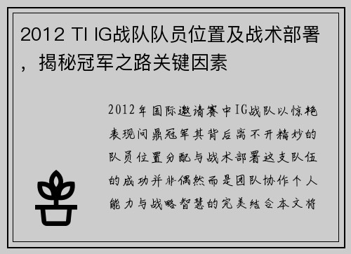 2012 TI IG战队队员位置及战术部署，揭秘冠军之路关键因素
